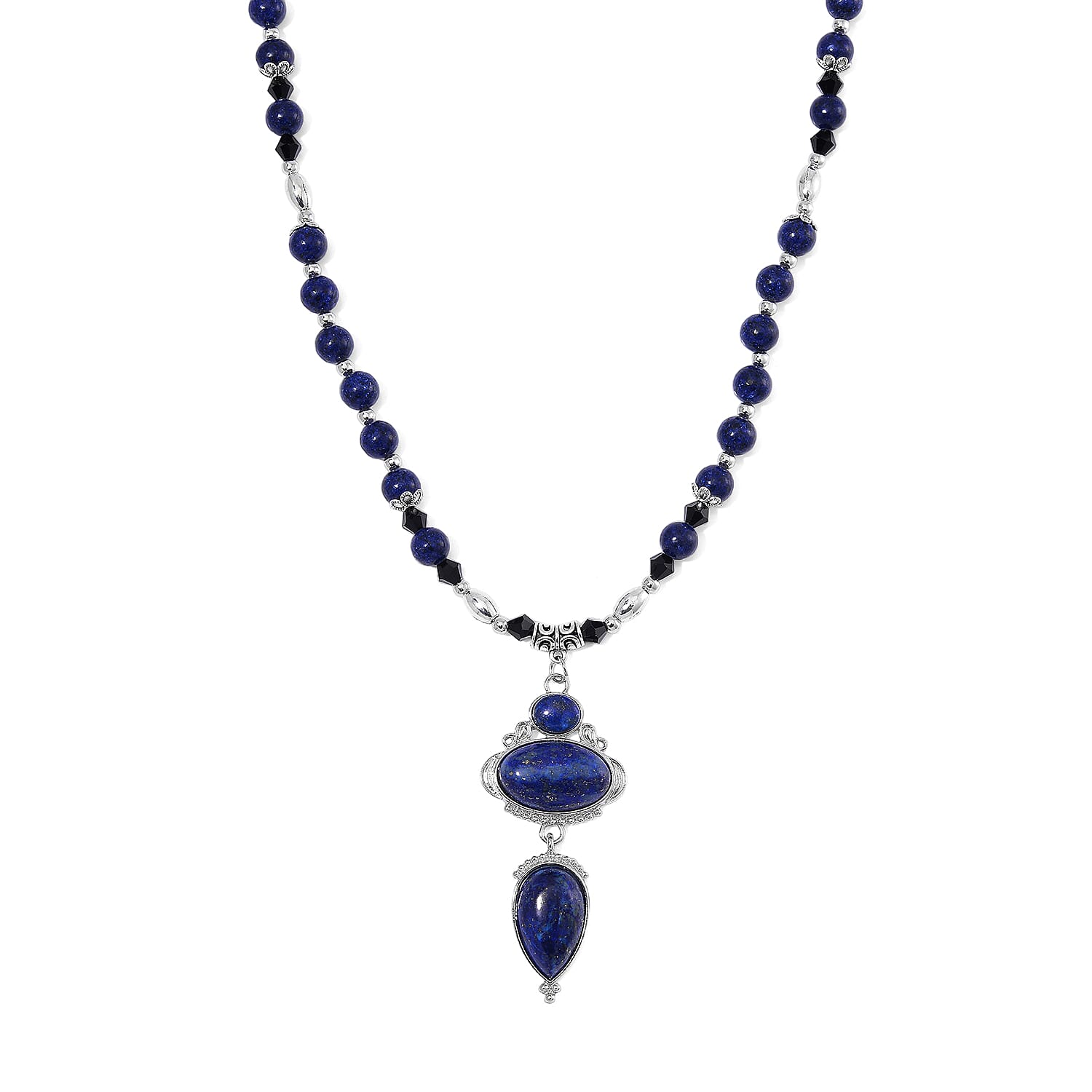 Lapis Lazuli, Black Glass Necklace (20 Inches) in Silvertone 190.00 ctw