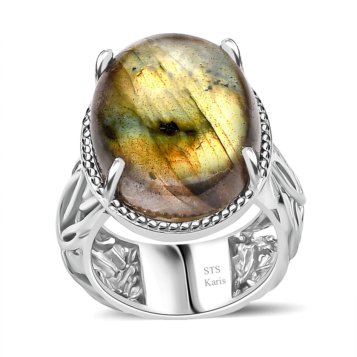 Karis Madagascar Fire Labradorite Solitaire Ring in Platinum Bond (Size 5.0) 20.50 ctw