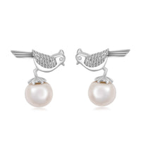 D'Joy Freshwater Pearl and Moissanite Bird Earrings in Platinum Over Sterling Silver