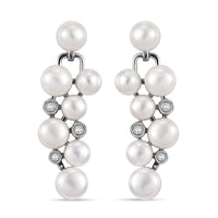 Freshwater Pearl, Moissanite Earrings in Platinum Over Sterling Silver 0.10 ctw