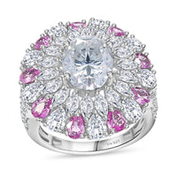 Moissanite (Ovl 10x8mm), Madagascar Pink Sapphire Ring in Rhodium Over Sterling Silver (Size 10.0) 7.90 ctw