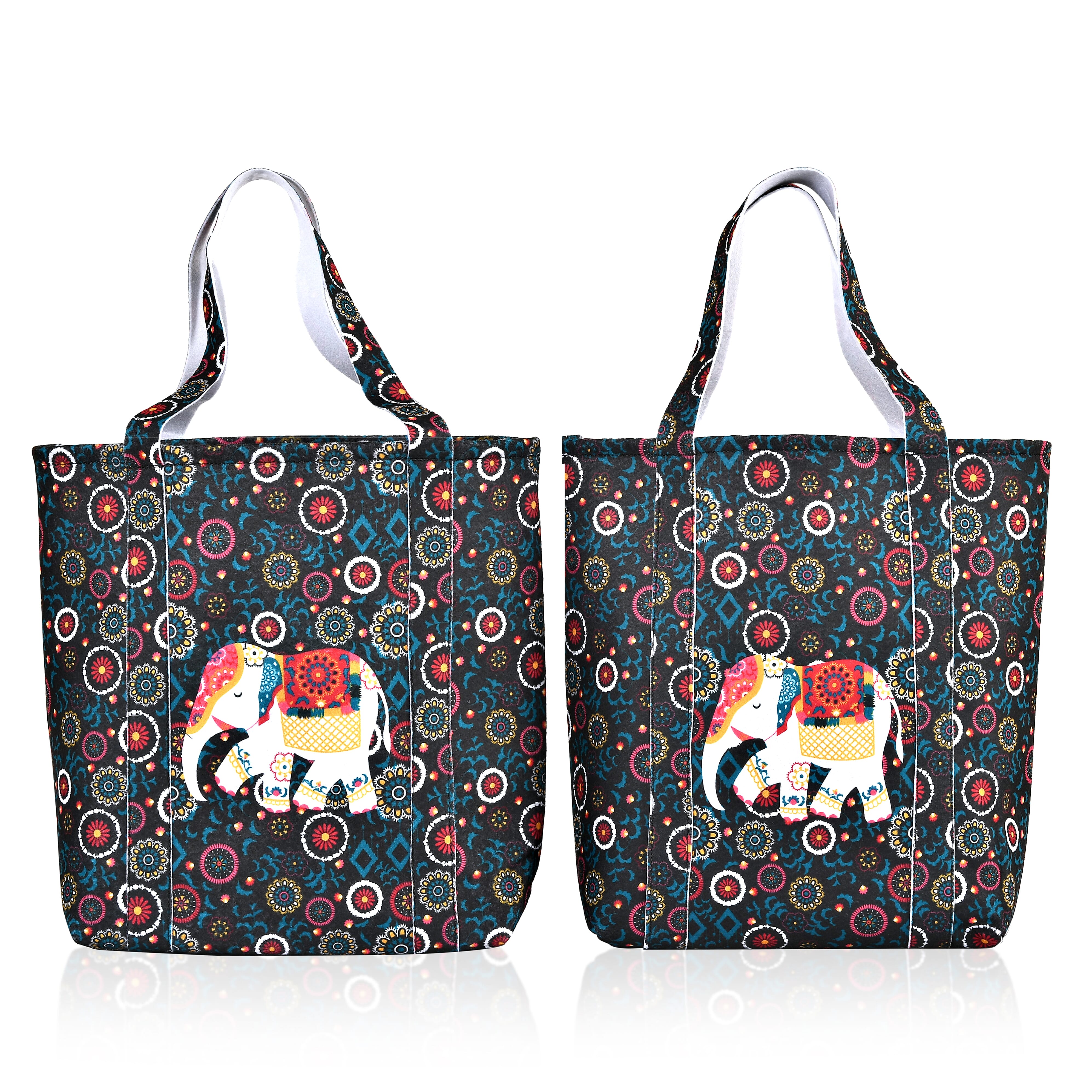 Set Of 2 Blue Vivid Digital Elephant Printed Fabric Tote Bag (17.75"x13"x6.35", 16.75"x12.25"x5.35")
