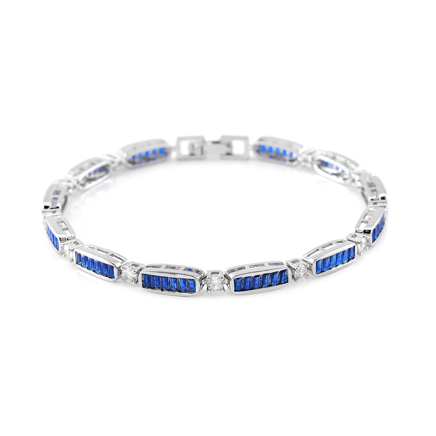 Simulated Blue and White Diamond Bracelet in Silvertone (7.75 In) 7.00 ctw
