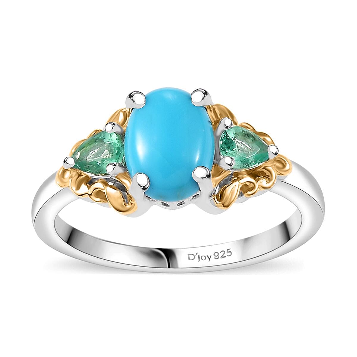 Sleeping Beauty Turquoise, Emerald Ring in 18K Vermeil YG and Rhodium Over Sterling Silver (Size 7.0) 1.60 ctw
