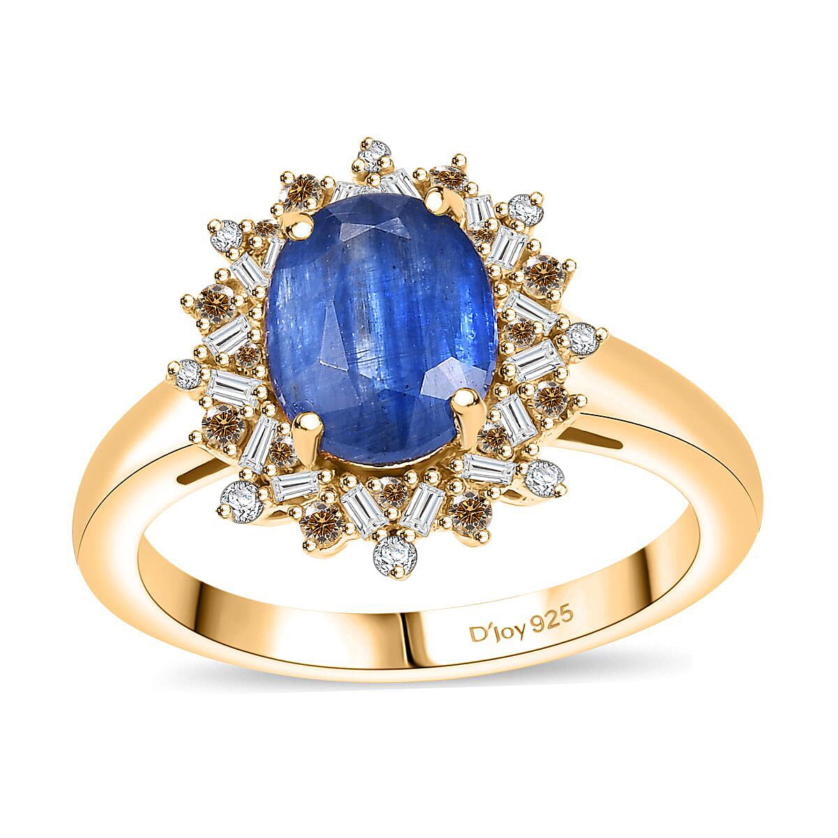 Kashmir Kyanite, Natural Champagne and White Diamond (0.30 cts) Starburst Ring in 18K Vermeil YG Over Sterling Silver (Size 10.0) 2.75 ctw