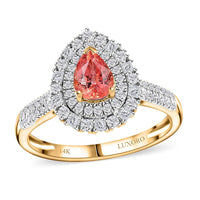 Certified & Appraised Luxoro 14K Yellow Gold AAA Padparadscha Sapphire (BT), Diamond (I2) (0.51 cts) Double Halo Ring (Size 7.0) 1.41 ctw