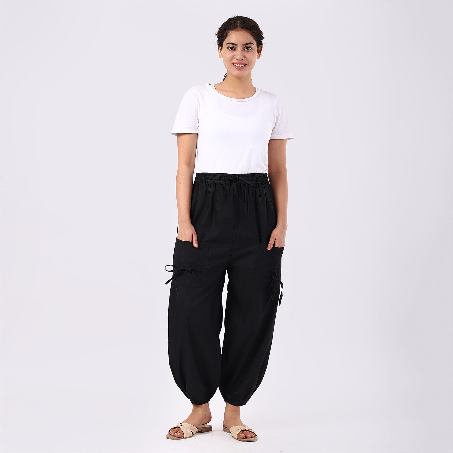 Black 2 Front Pocket Harem Pants with Ankle Cuffs Drawstring - One Size Fits Most