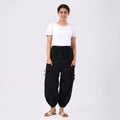 Black 2 Front Pocket Harem Pants with Ankle Cuffs Drawstring - One Size Fits Most - Sticky add to cart bar