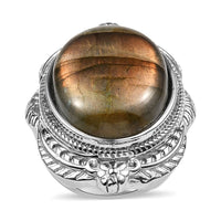 Madagascar Fire Labradorite 29.20 ctw Feather Ring in Stainless Steel