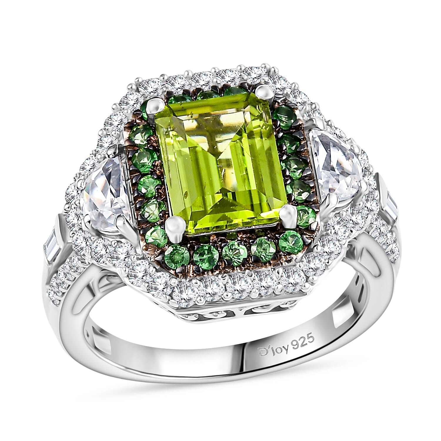 D'Joy Hebei Peridot and Multi Gemstone 4.30 ctw Ring in Rhodium Over Sterling Silver (Size 10.0)