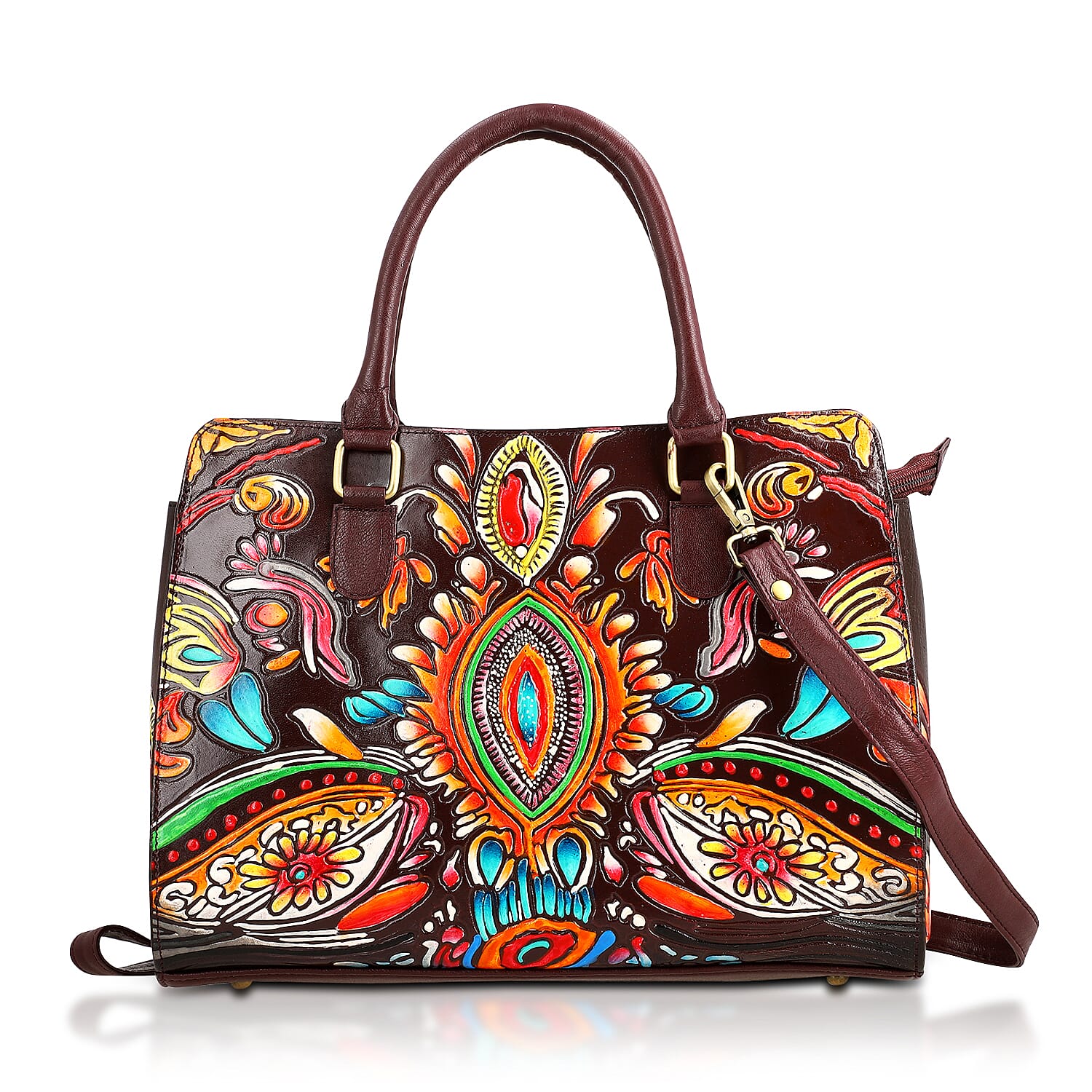 Sukriti Maroon Genuine Leather Hand Painted Tooled Satchel Bag (12.25"x4"x9.25")