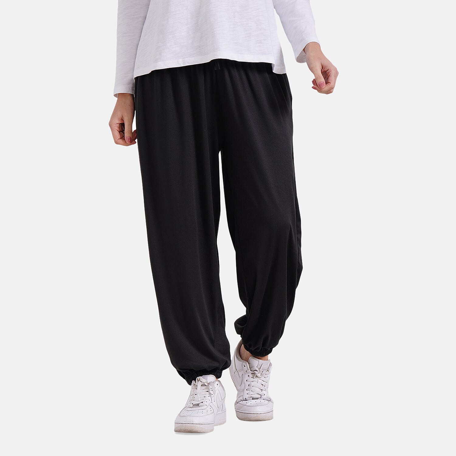 Black Knit Wear Smocked Waist Pant with Eelastic Ankles