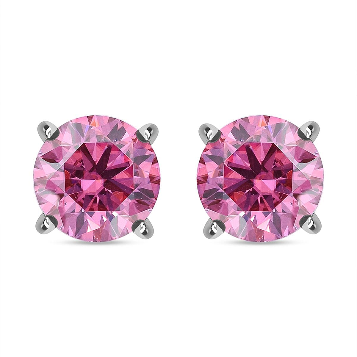 Pink Moissanite (Rnd 6mm) Solitaire Stud Earrings in Rhodium Over Sterling Silver 1.50 ctw