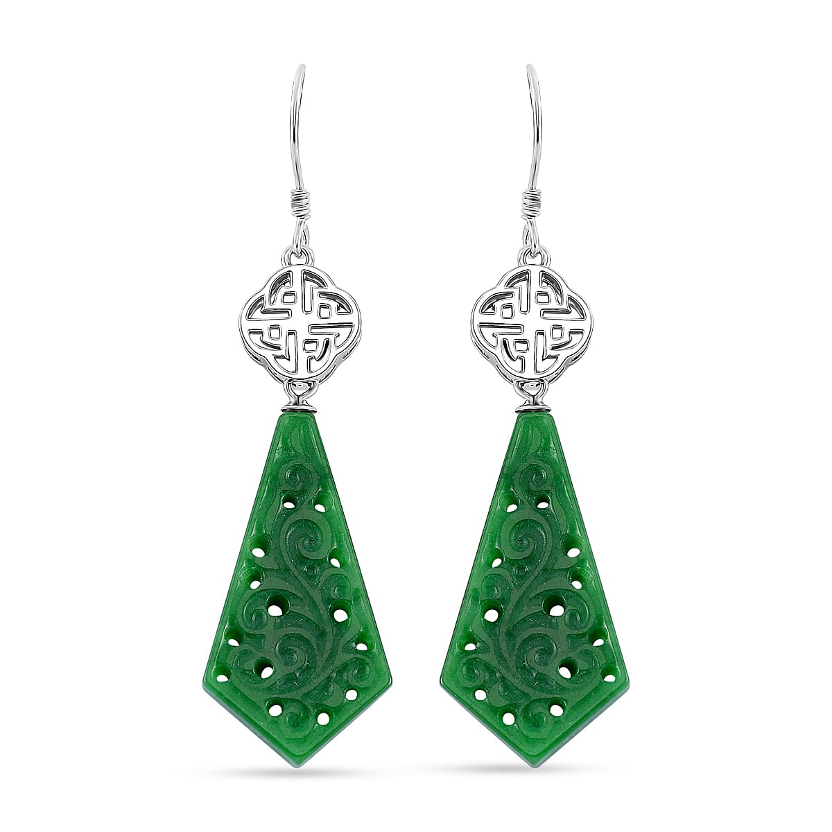 Green Jade (D) 24.40 ctw Carved Dangle Earrings in Rhodium Over Sterling Silver