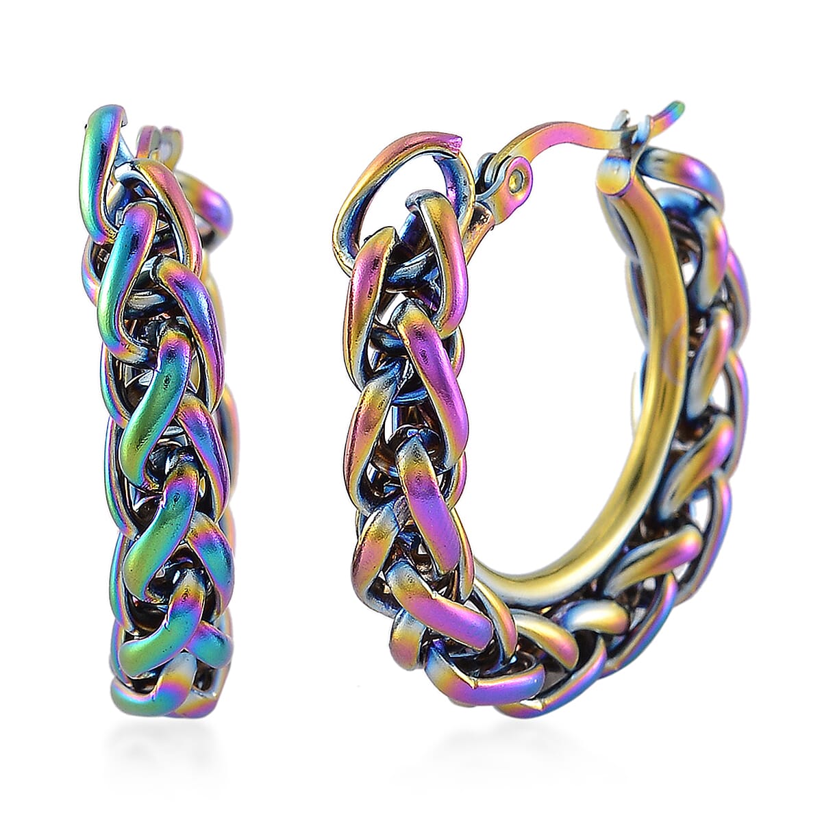 6mm Spiga Chain Hoop Earrings in ION Plated Rainbow Color Stainless Steel