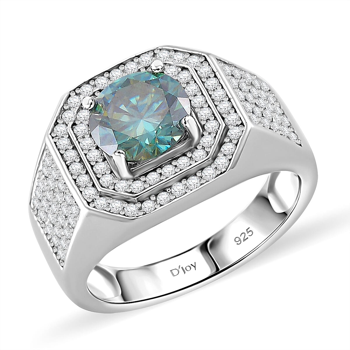 Blue Moissanite (Rnd 8mm), Moissanite Men's Ring in Rhodium Over Sterling Silver (Size 10.0) 2.60 ctw