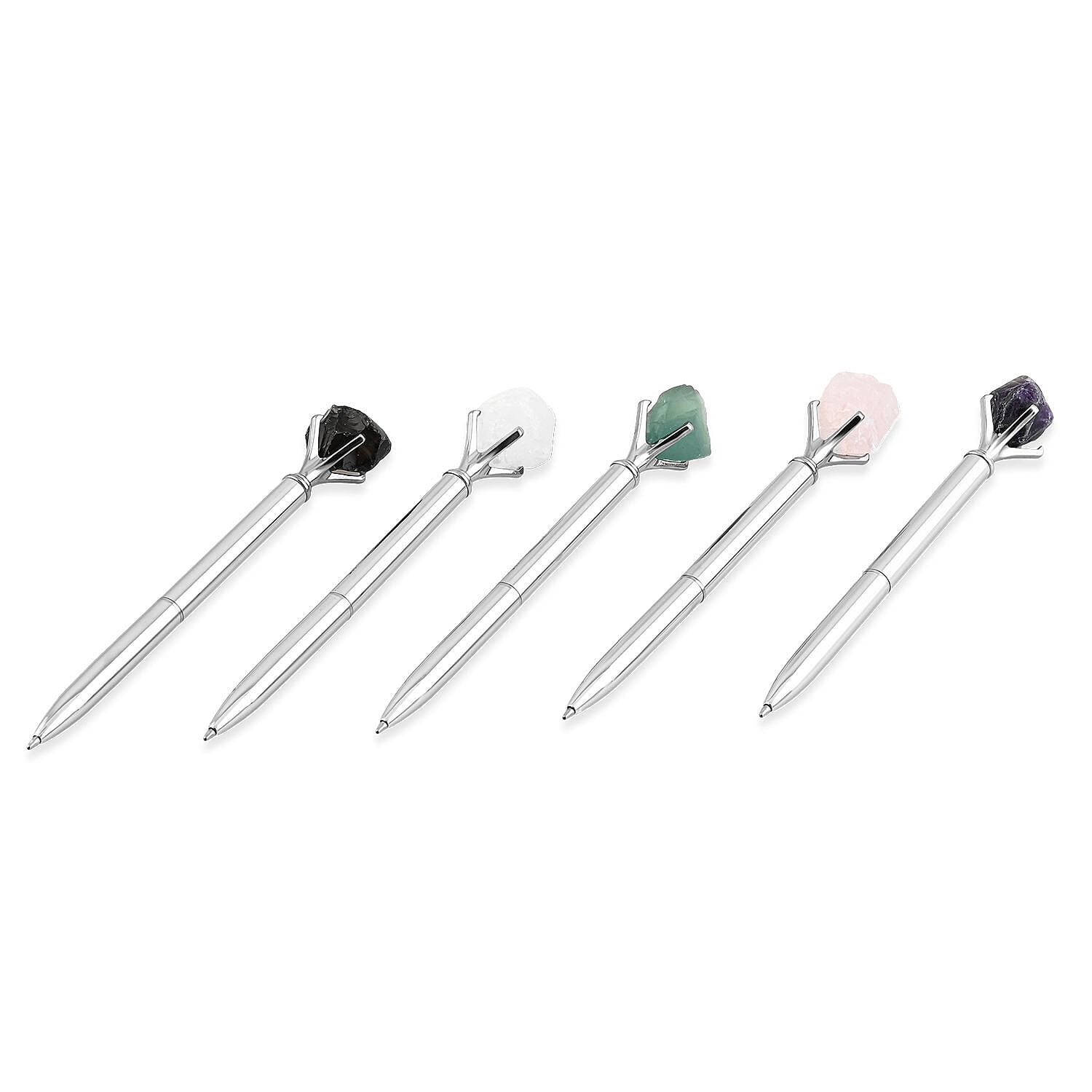 Set of 5 Gemstone Pens (Amethyst, Rose Quartz, Green Flourite, Clear Quartz and Black Obsidian) - Silver