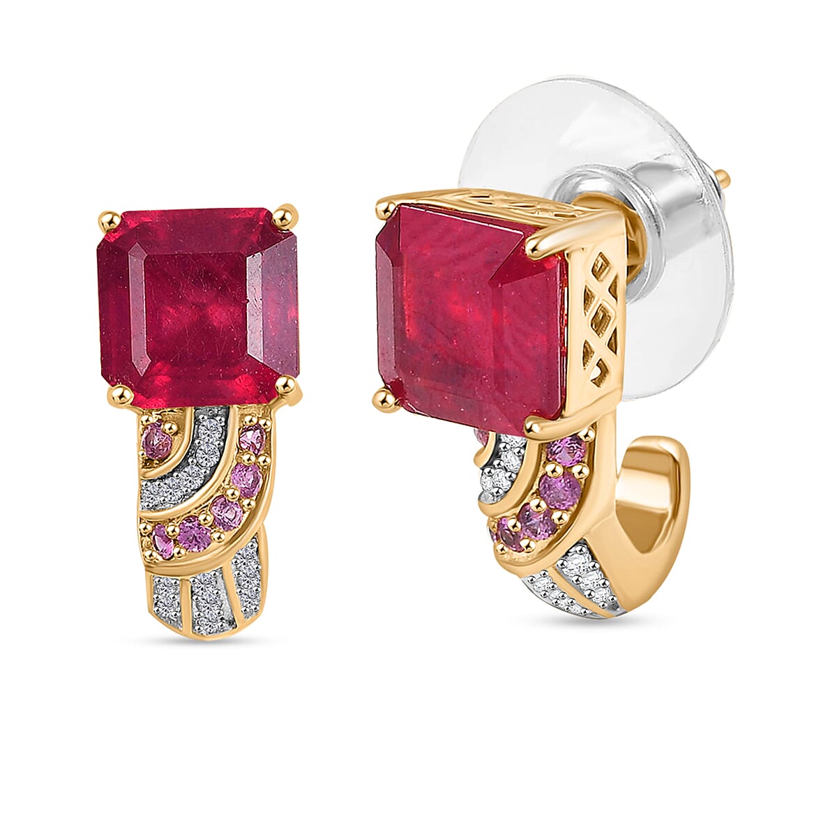 TLV Asscher Cut Niassa Ruby (FF), Multi Gemstone J-Hoop Earrings in 18K Vermeil YG Over Sterling Silver 9.10 ctw