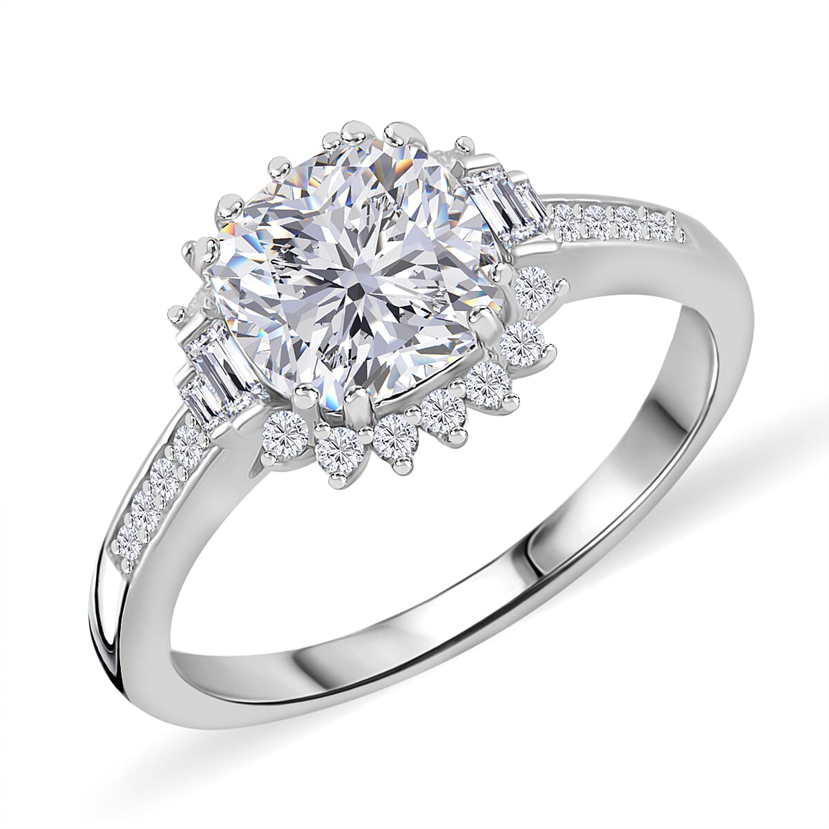 Old Mine Cut Moissanite (Cush 8x8mm) Ring in Rhodium Over Sterling Silver (Size 10.0) 2.60 ctw