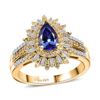 AAA Tanzanite, Blue Sapphire, Diamond (0.33 cts) Ring in Rhodium Over Sterling Silver (Size 10.0) 1.90 ctw