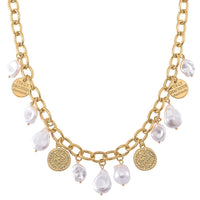 Simulated Pearl Charm Necklace 20-22 Inches in Goldtone