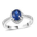 Kashmir Kyanite, Moissanite Halo Ring in Rhodium Over Sterling Silver (Size 7.0) 1.90 ctw - Sticky add to cart bar