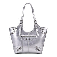 Silver Fashion Forward Faux Leather Rivet Tote Bag with Top Double Handle (12.2"x10.43"x6.1")