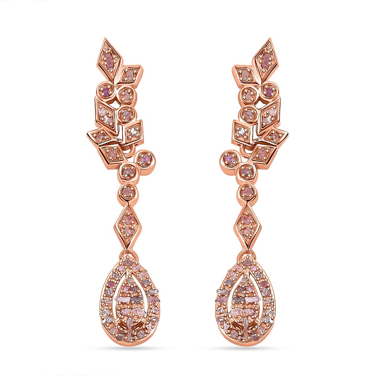 D'Joy Uncut Natural Pink Diamond 0.60 ctw Dangling Earrings in 18K Vermeil Rose Gold Over Sterling Silver