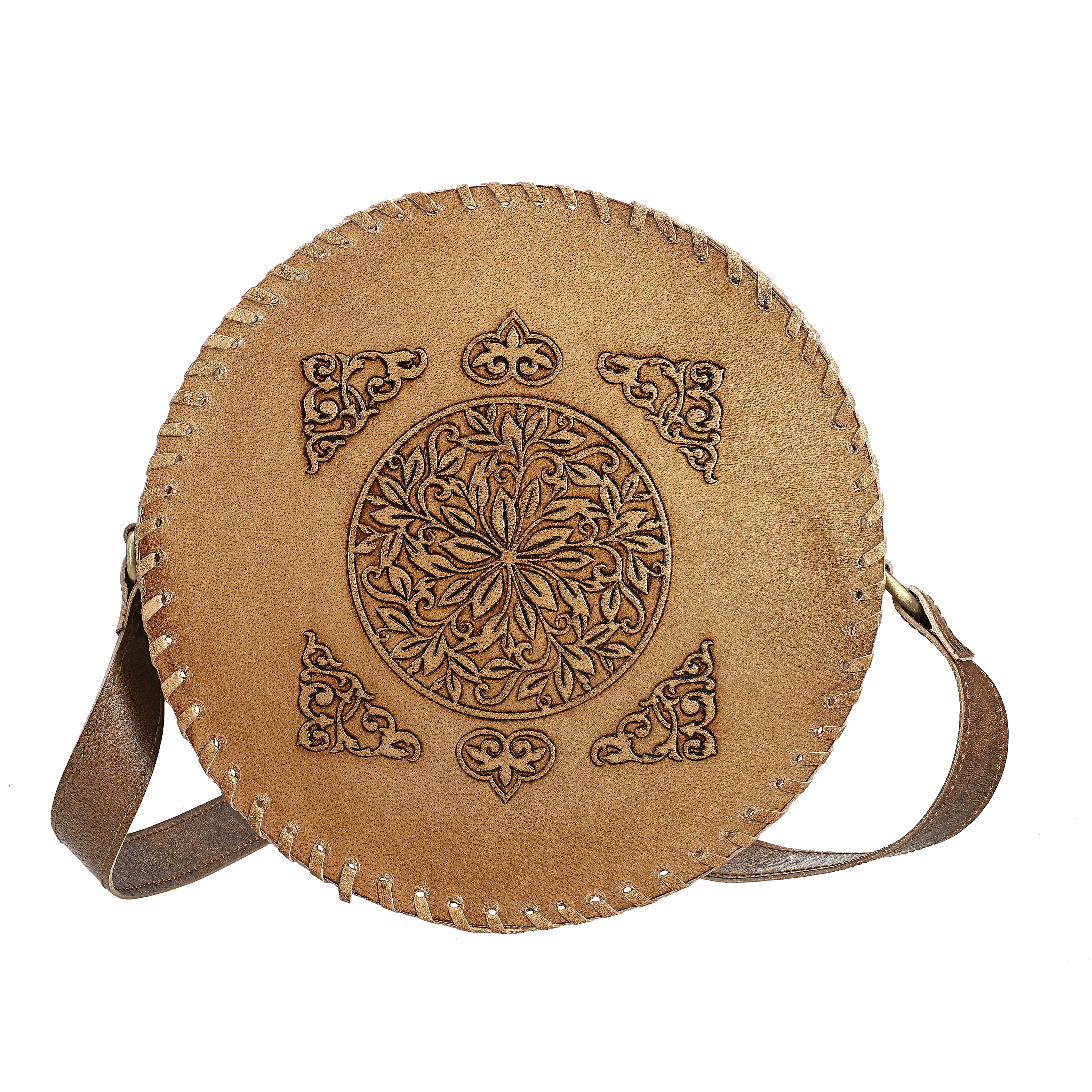 Tan Flower Pattern Genuine Leather Round Embossed Sling Bag with Adjustable Shoulder Strap (10"x3.5")