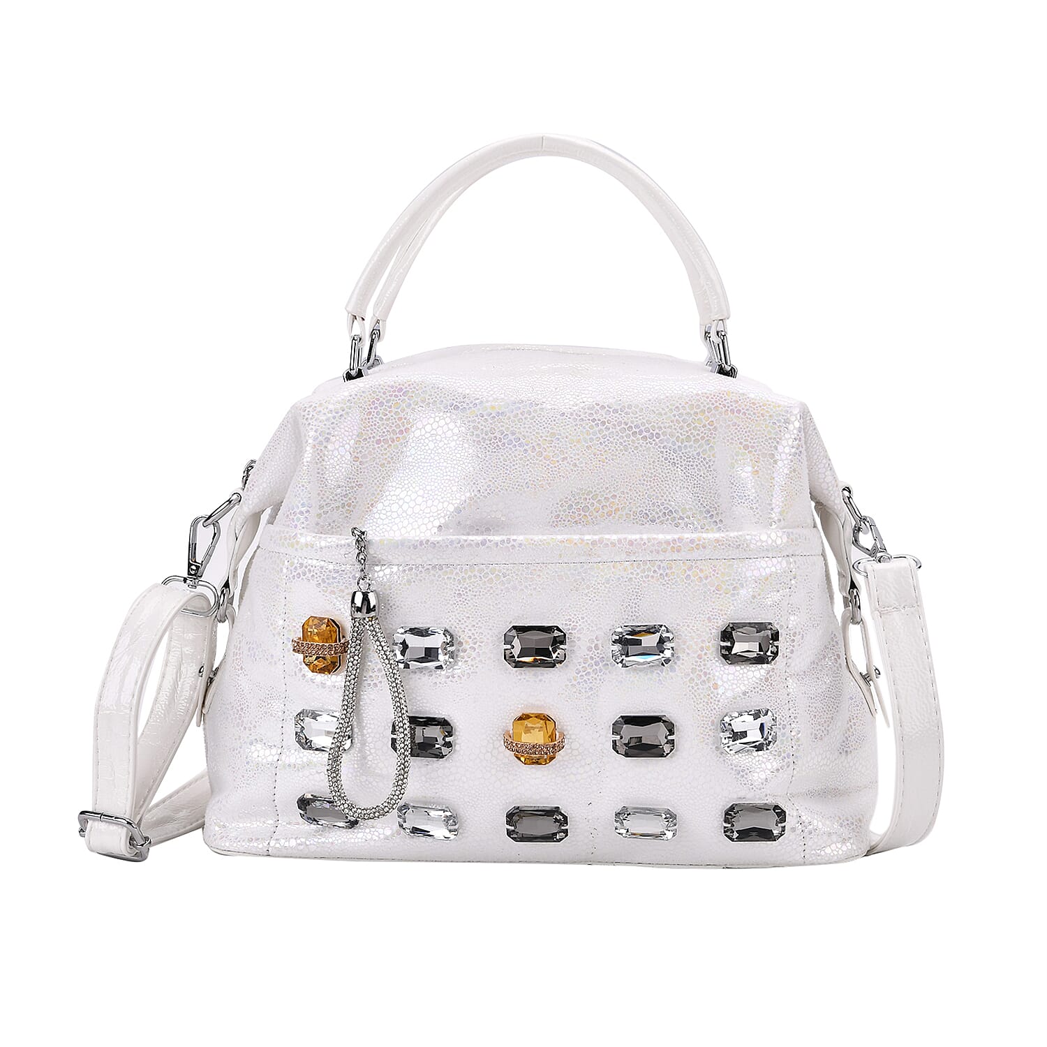 White Faux Leather Crossbody (11.8"x4.92"x8.66") with Rhiestones and Shoulder Strap