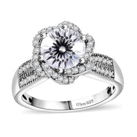 Crisantemo Cut Moissanite (Rnd 8mm) Ring in Rhodium Over Sterling Silver (Size 5.0) 2.60 ctw