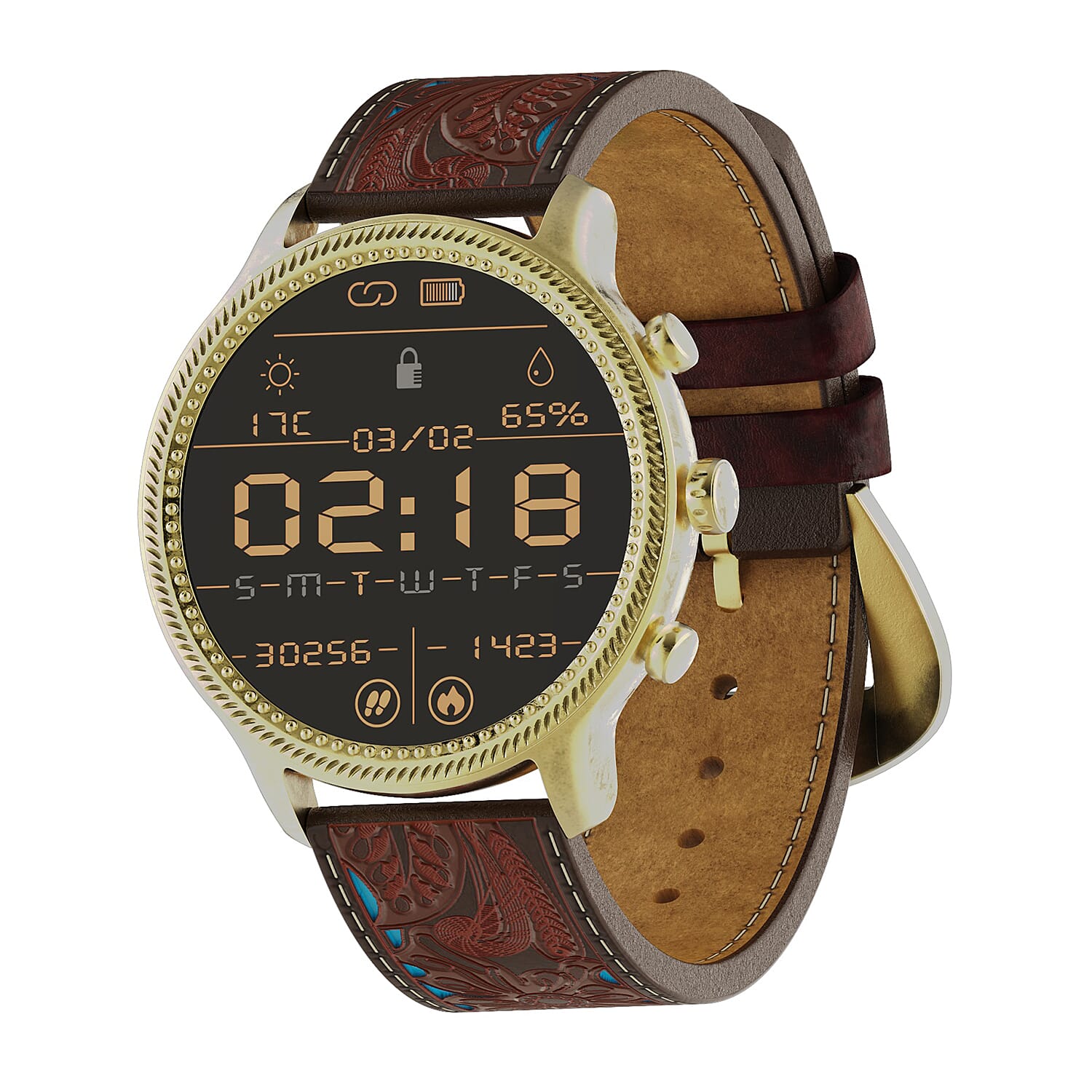 Wrangler Round Goldtone Smartwatch with Brown Floral Pattern Teal Strap