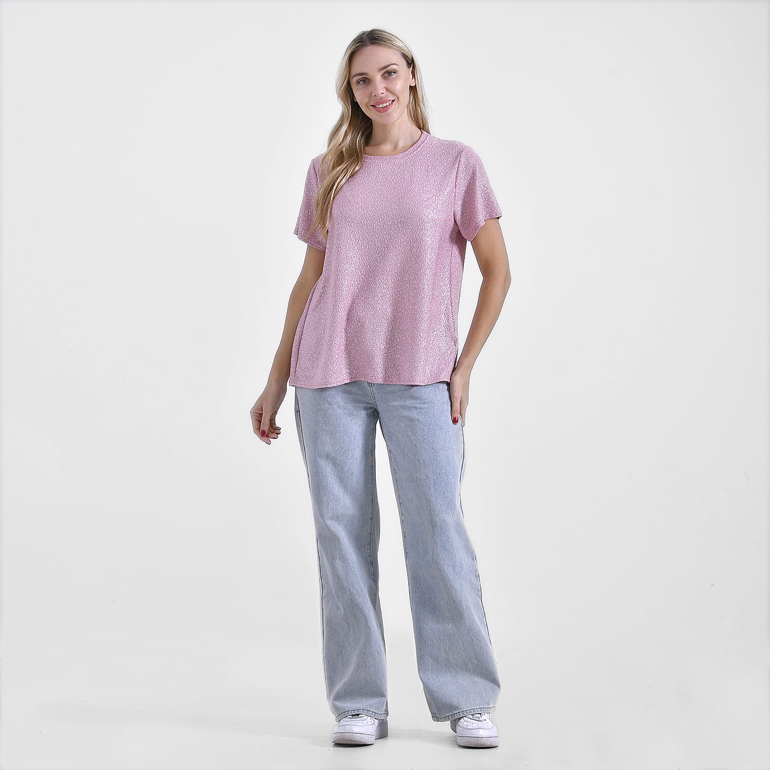 Blush Pink Glitter Short Sleeved Crew-neck Top - One Size Fits Most