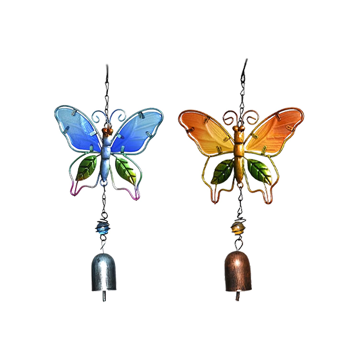 Set of 2 Blue and Orange Glass Iron Butterfly Wind Chime (11.8")