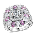 Asscher Cut Moissanite (7x7mm), Madagascar Pink Sapphire Ring in Rhodium Over Sterling Silver (Size 10.0) 5.00 ctw - Sticky add to cart bar