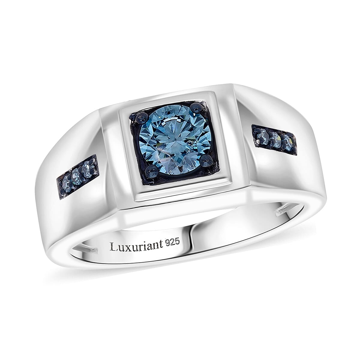 Luxuriant Lab Grown Blue Diamond (SI) Men's Ring in Platinum Over Sterling Silver (Size 10.0) 1.00 ctw