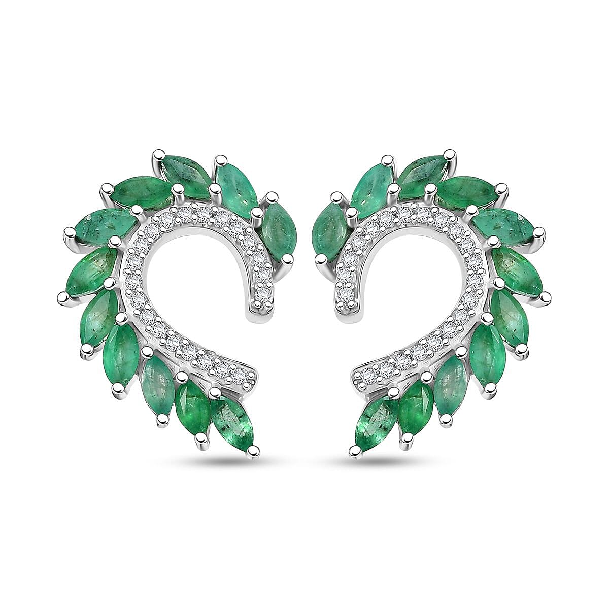 D'Joy Kagem Zambian Emerald and White Zircon 2.25 ctw Climber Earrings in Rhodium Over Sterling Silver