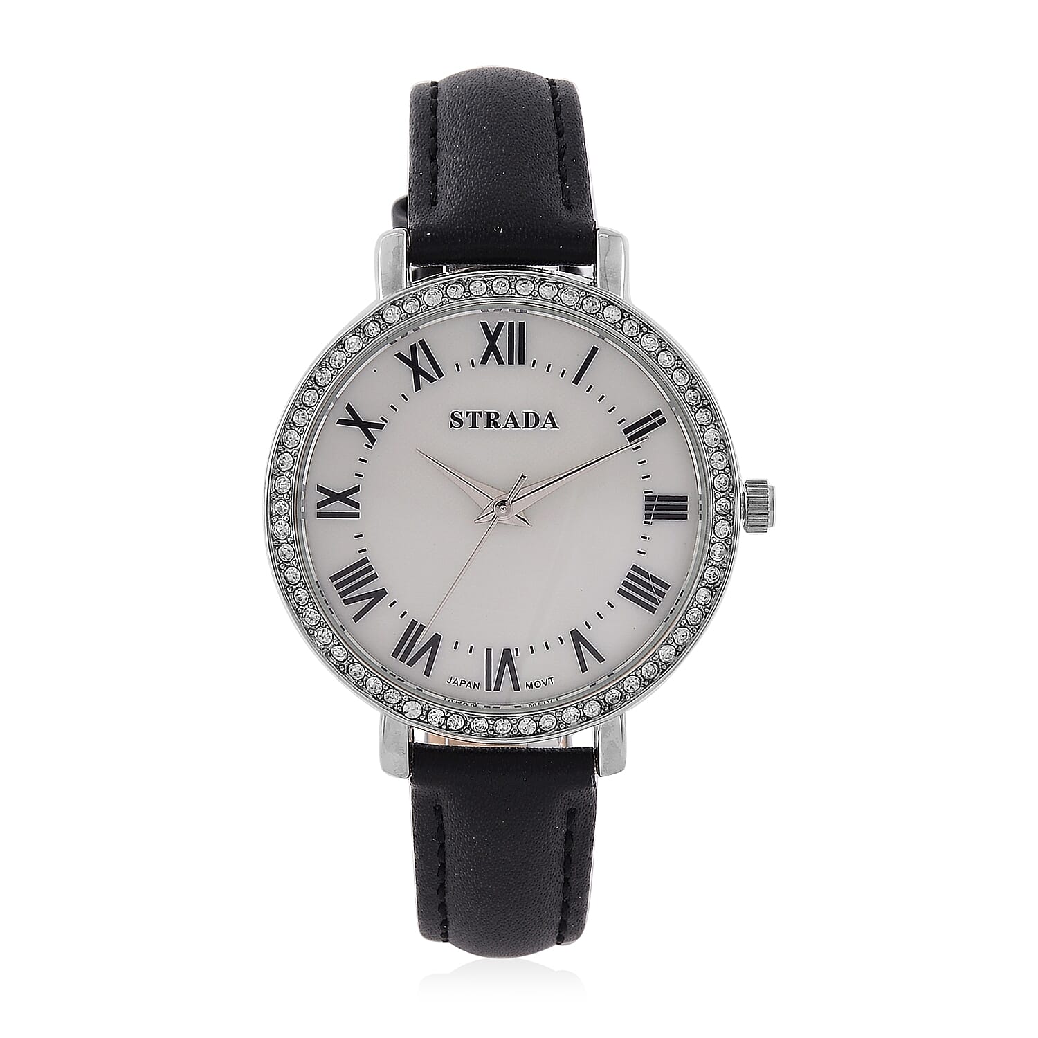 Strada Austrin Crystal Japanese Movement Roman Number Dial Watch with Black Faux Leather (38.10x38.10mm)