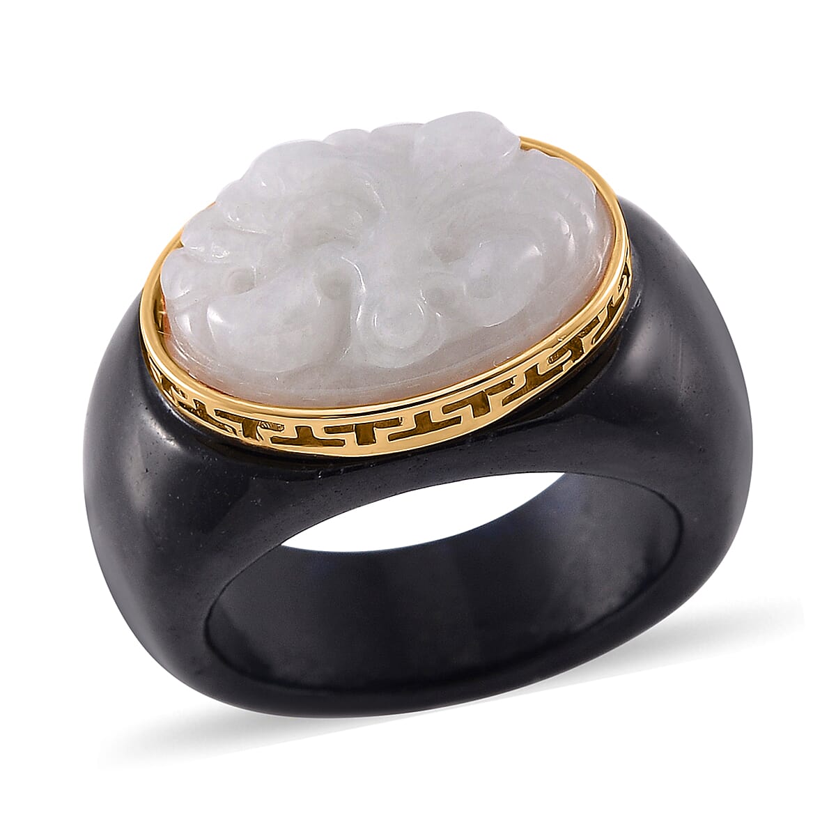 Natural Jade and Black Jade (D) Carved 49.60 ctw Ring in 18K Vermeil Yellow Gold Over Sterling Silver