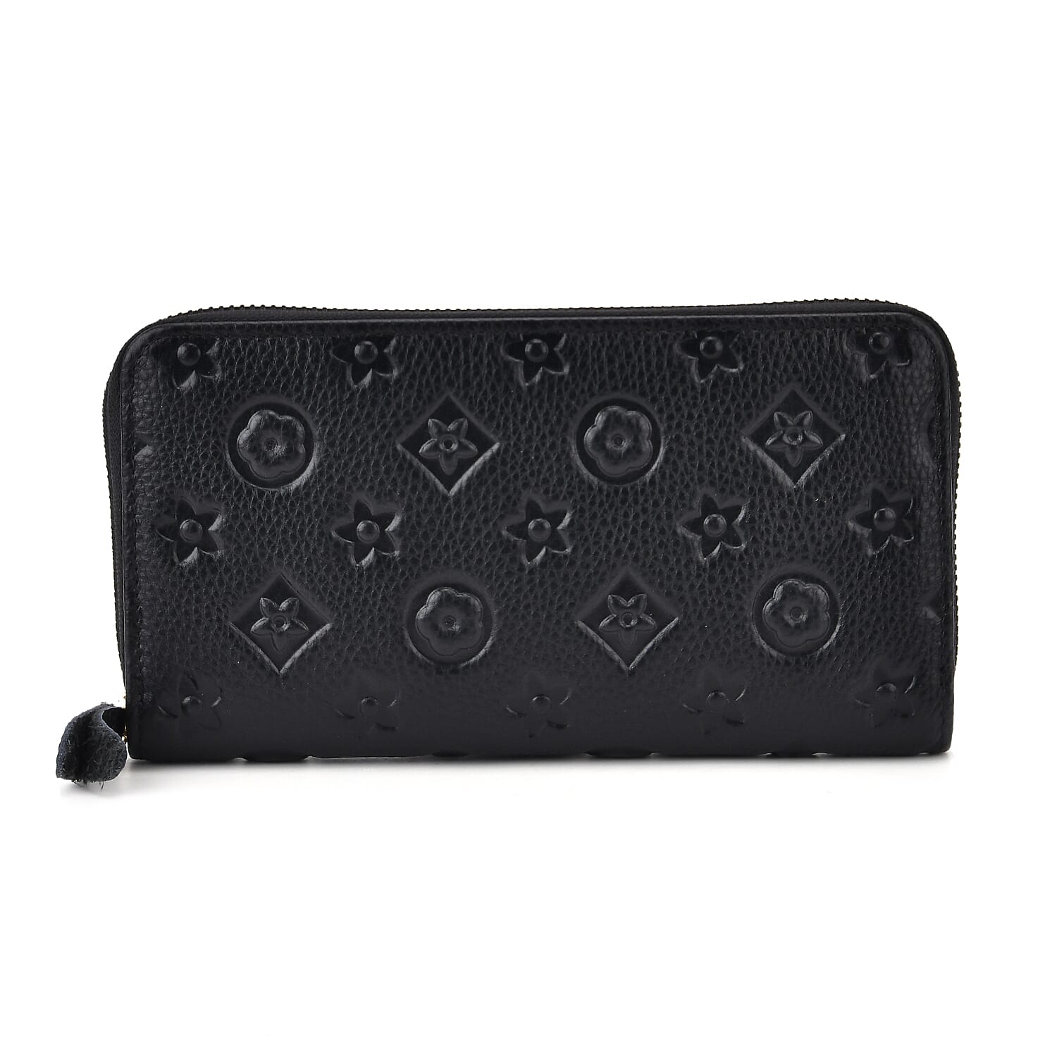Black Flower Embossed Genuine Leather Wallet (7.48"x0.79"x3.94")