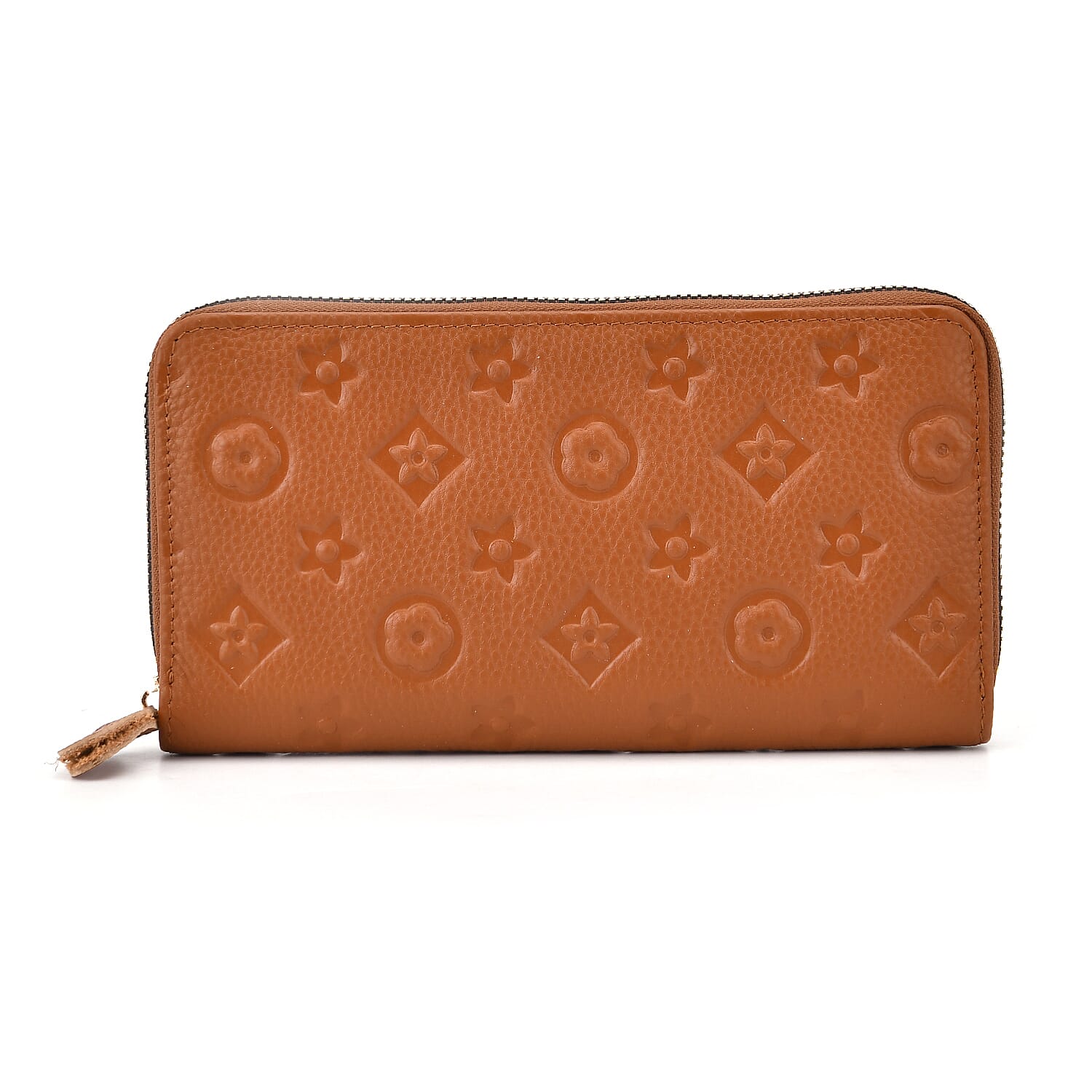 Tan Flower Embossed Genuine Leather Wallet (7.48"x0.79"x3.94")