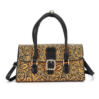 Brown Flower Embossed Faux Leather Crossbody Bag (13.38"x4.33"x7.48") with Shoulder Strap