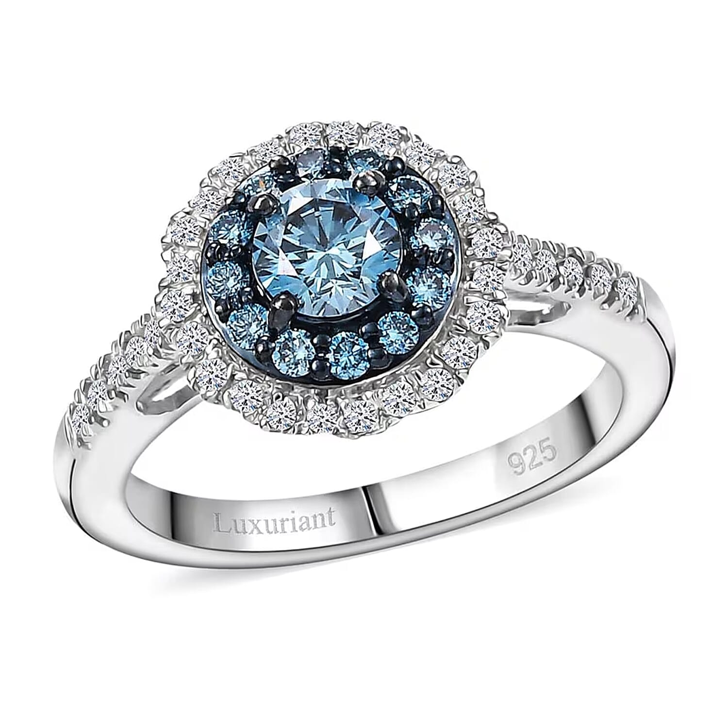 Luxuriant Lab Grown Blue and White Diamond Serene Halo Ring in Sterling Silver