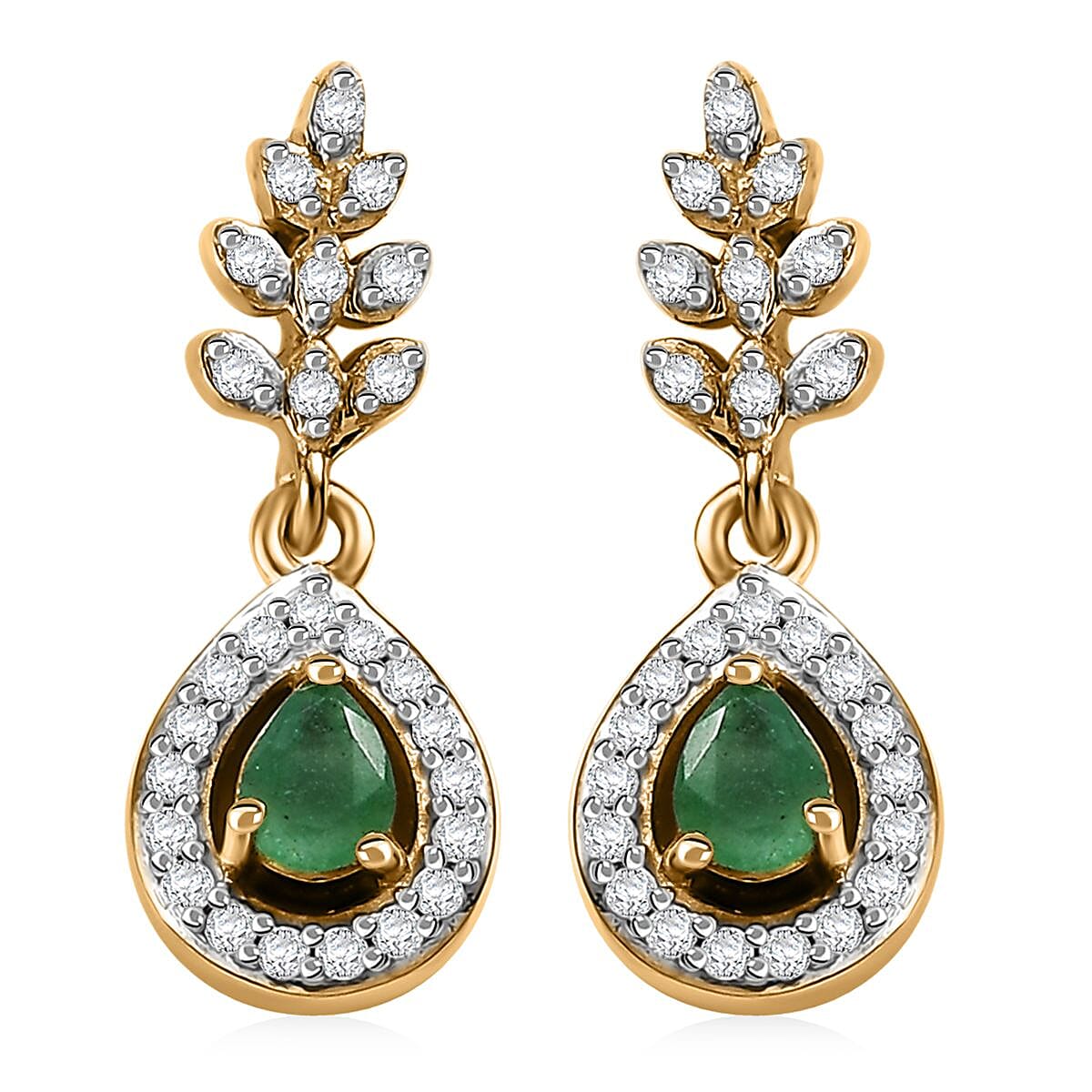 D'Joy Kagem Zambian Emerald and White Zircon 0.70 ctw Vine Drop Earrings in 18K Vermeil Yellow Gold Over Sterling Silver