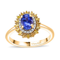 AAA Tanzanite, Yellow Diamond (IR), White Diamond (0.30 cts) Ring in 18K Vermeil YG Over Sterling Silver (Size 7.0) 1.15 ctw