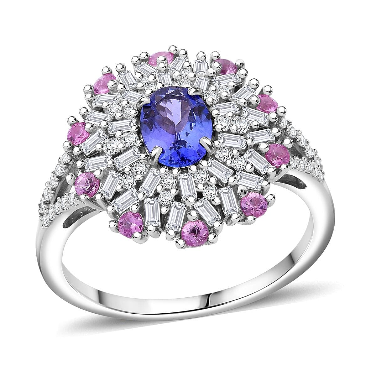 AAA Tanzanite, Multi Gemstone Blushing Radiance Ring in Rhodium Over Sterling Silver (Size 10.0) 1.90 ctw