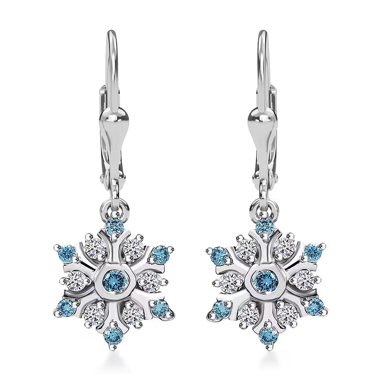 Luxuriant Lab Grown Blue Diamond (IR) and Lab Grown White Diamond 0.50 ctw Snowflake Dangling Earrings in Rhodium Over Sterling Silver