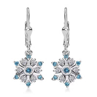 Luxuriant Lab Grown Blue Diamond (IR) and Lab Grown White Diamond 0.50 ctw Snowflake Dangling Earrings in Rhodium Over Sterling Silver