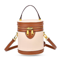 White with Tan Genuine Leather Cylinder Shape Small Crossbody Bag (5.12"x5.12"x7.09") with Detachable Shoulder Strap