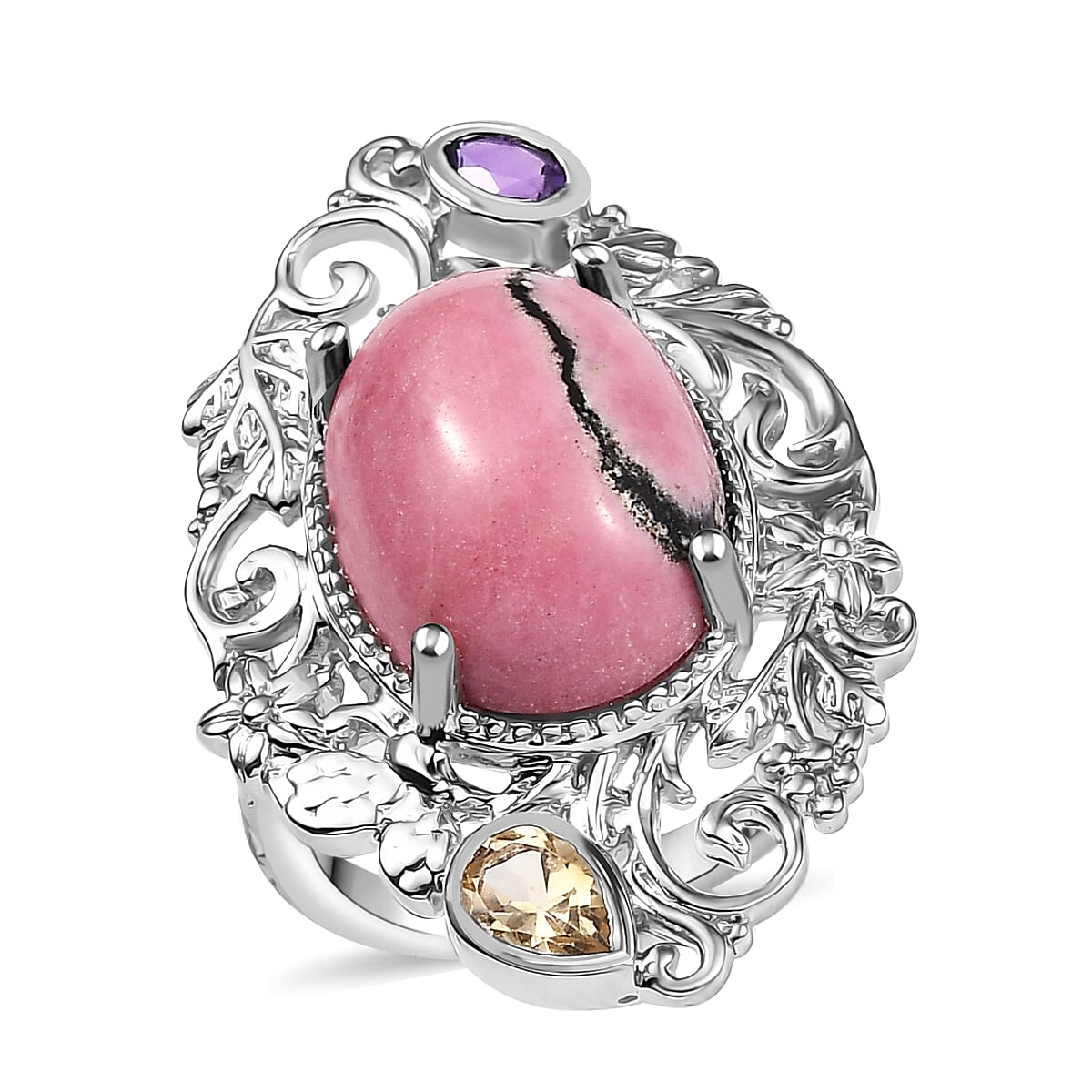 Karis Rhodonite and Multi Gemstone 15.30 ctw Ring in Platinum Bond (Size 10.0)